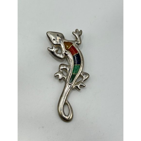 Carolyn Pollack Relios Sterling Silver Multistone Inlay Lizard Brooch Southwest - Picture 2 of 8